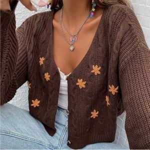 Floral Embroidery Button Front Drop Shoulder Crop